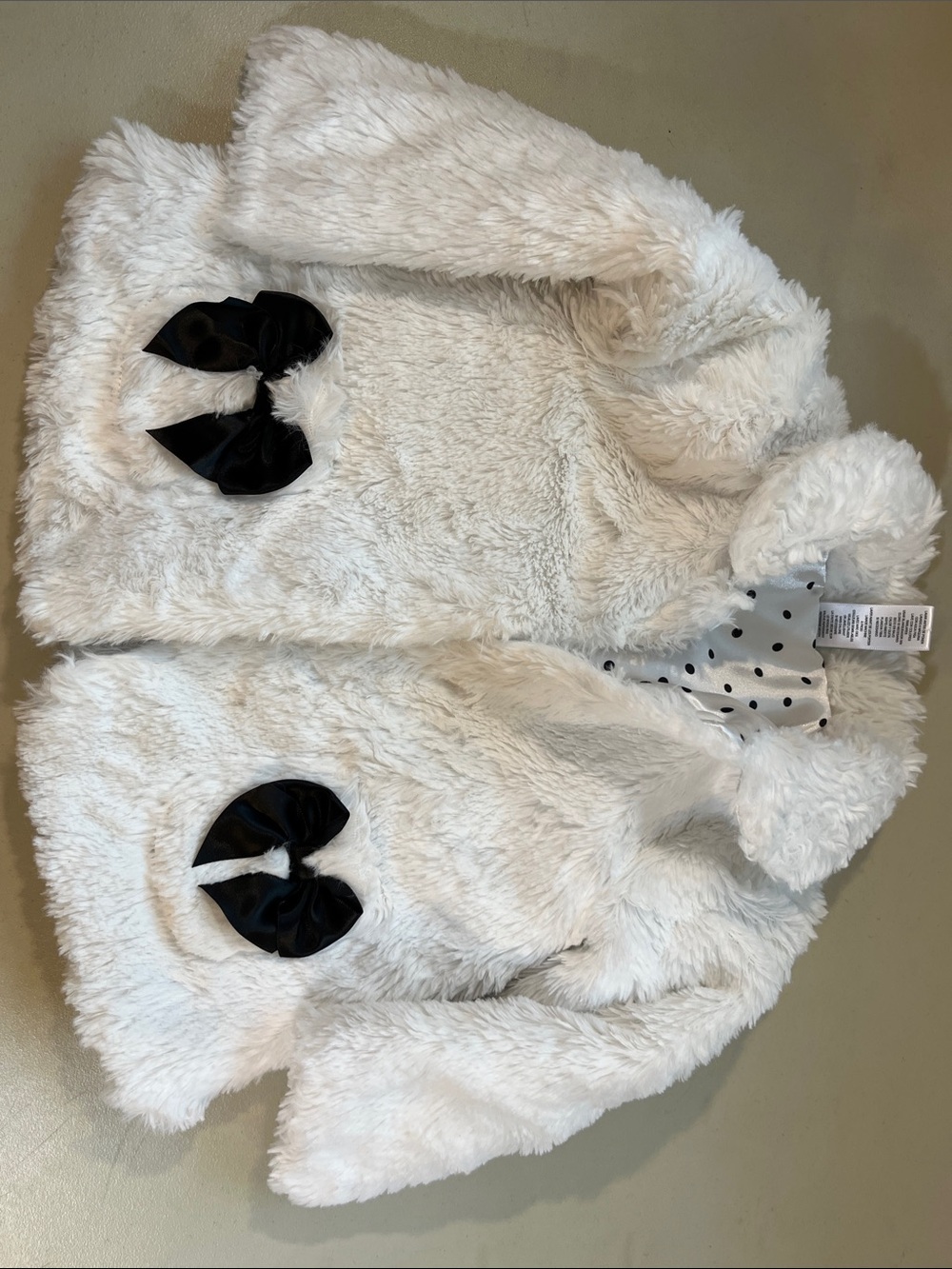 Little Me Cream Faux Fur Pea Coat with Black Bow Pockets